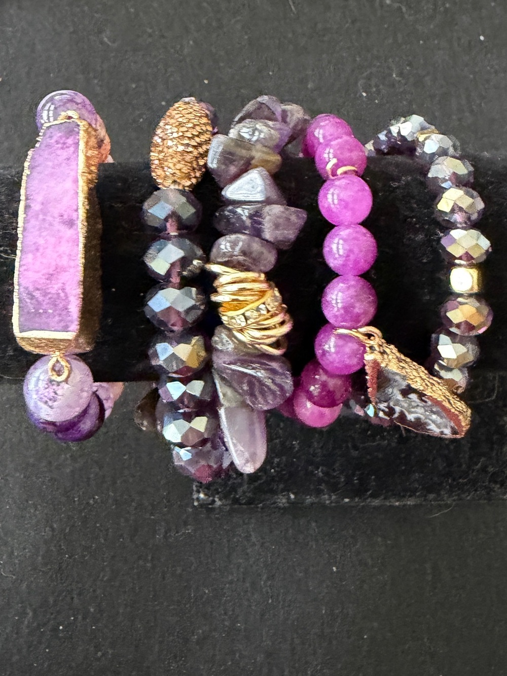 Hand Crafted Purple & Gold Bracelet Stack - Mixed Beads & Druzy Accent
